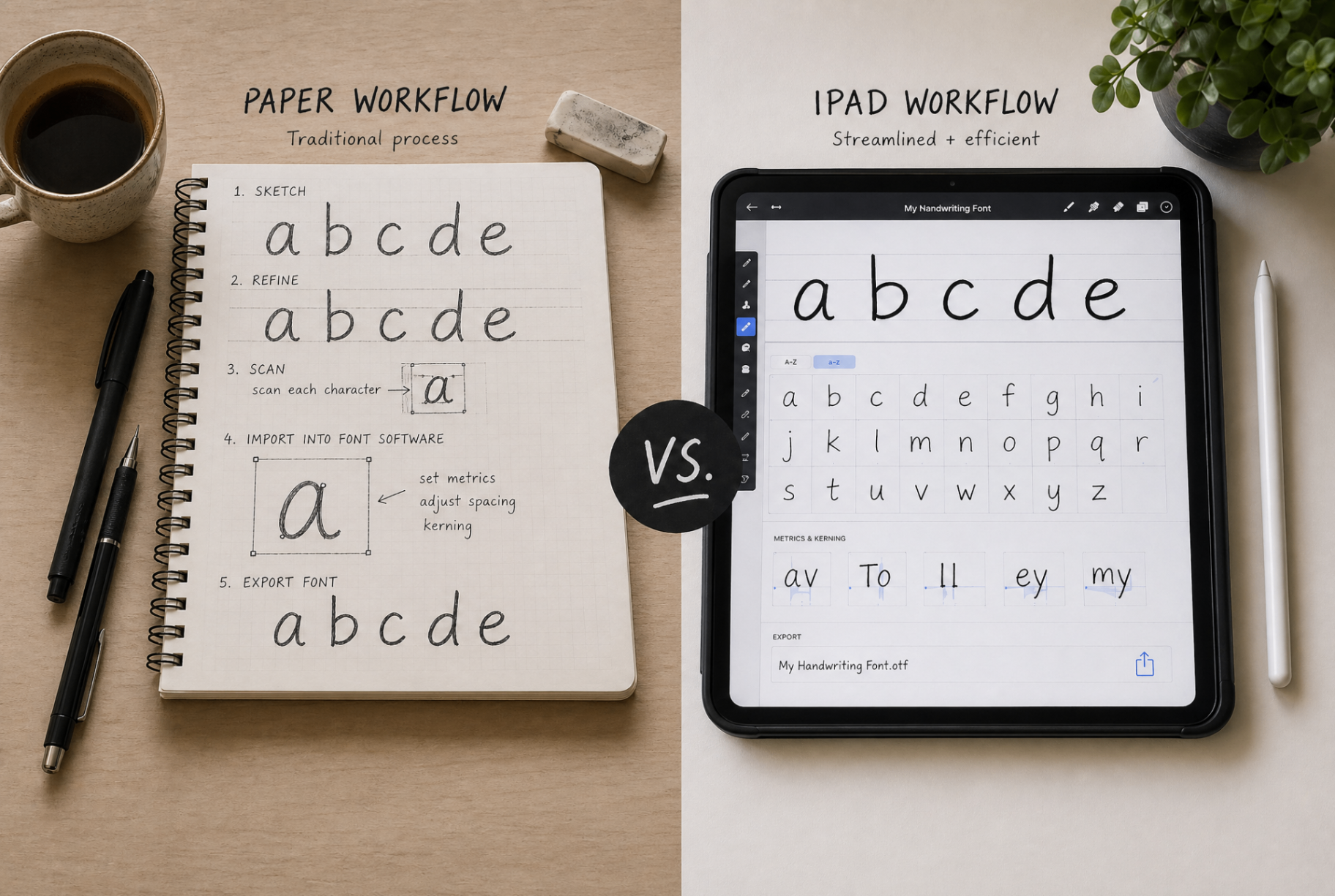Side-by-side comparison of drawing a font on paper versus building the same alphabet on an iPad