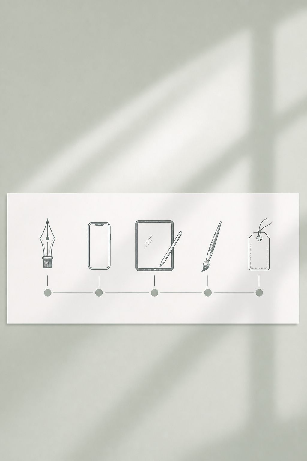 A pale card on a soft moss-green wall showing five hand-drawn tool icons in a row — a fountain pen nib, a smartphone, a tablet with stylus, a paintbrush, and a hangtag — each connected to a dot on a horizontal timeline below.