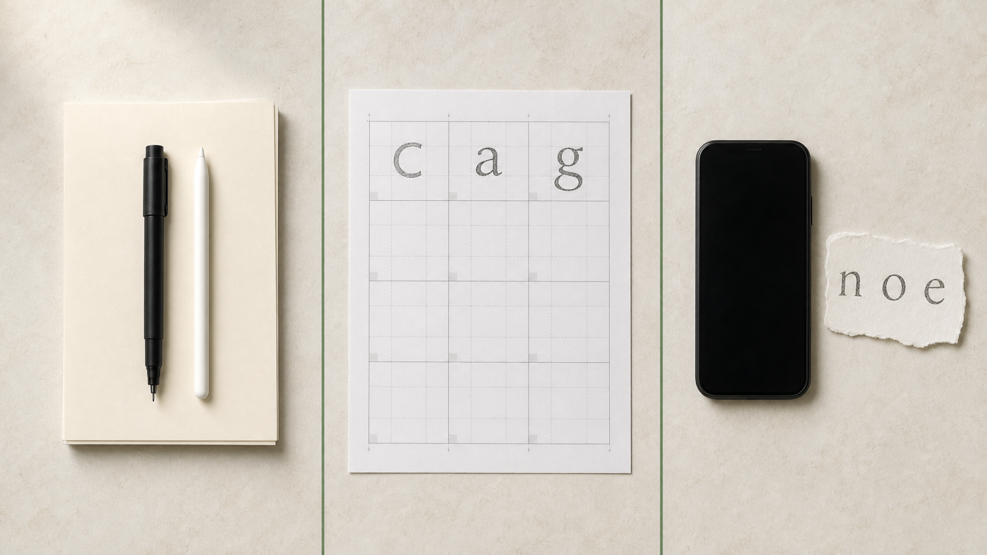 Three-panel flat lay on stone paper divided by thin moss-green lines: left panel a cream notebook with a black pen and white Apple Pencil (Fontself workflow); center panel a printed template sheet with c, a, and g drawn into a grid (Calligraphr workflow); right panel a smartphone next to a torn scrap of paper with the letters n, o, e (Typegrove workflow).