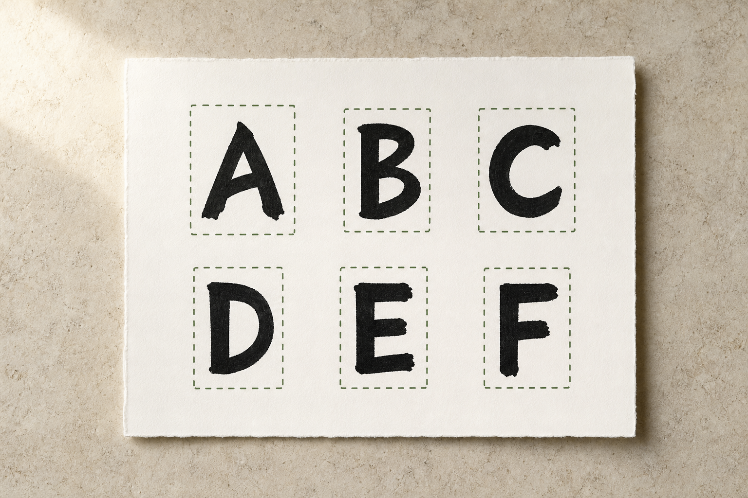 A cream sheet of paper on a stone surface showing six bold hand-painted uppercase letters A through F, each enclosed in a moss-green dashed rectangle indicating detected glyph bounds.